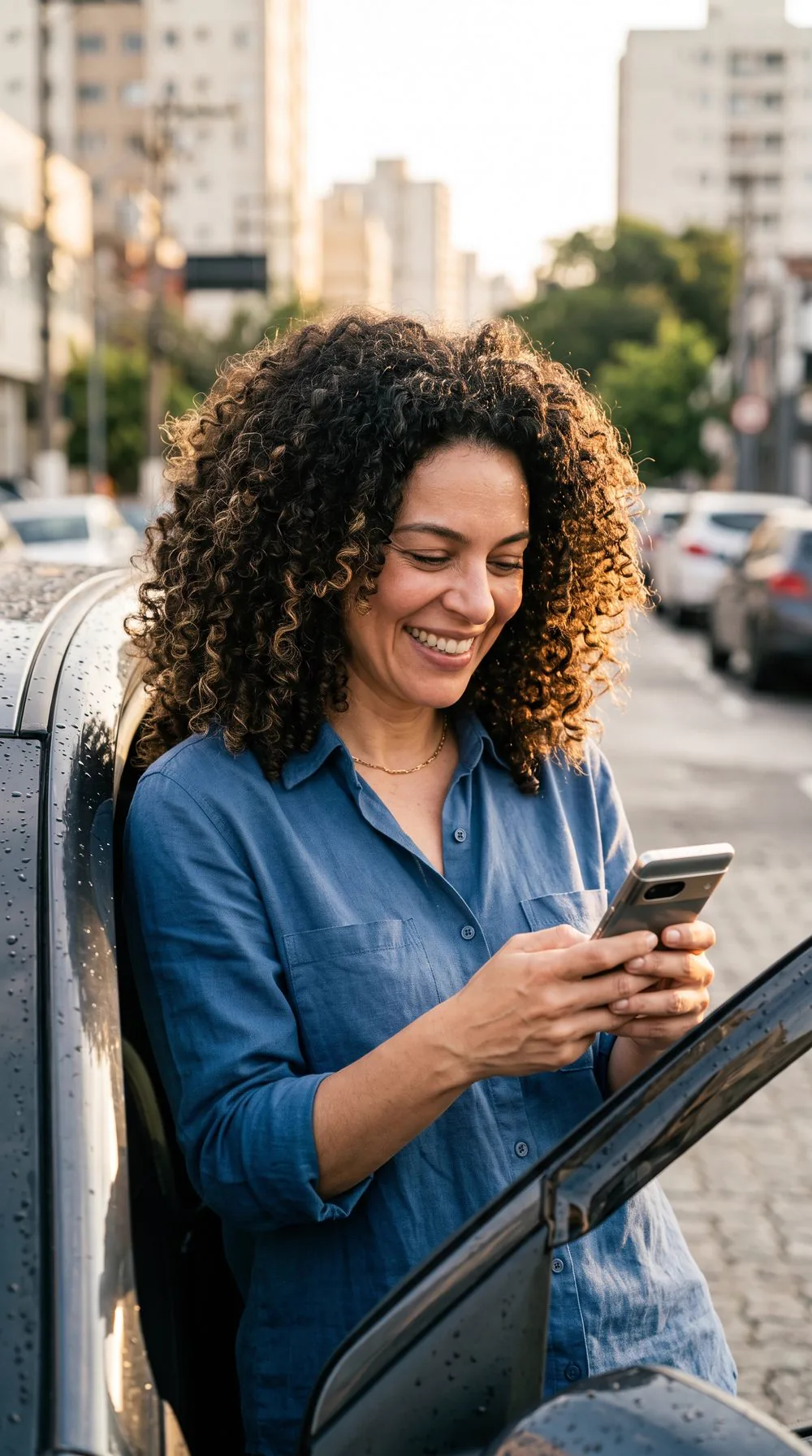 Mulher de camisa jeans usando o celular ao lado do seu carro